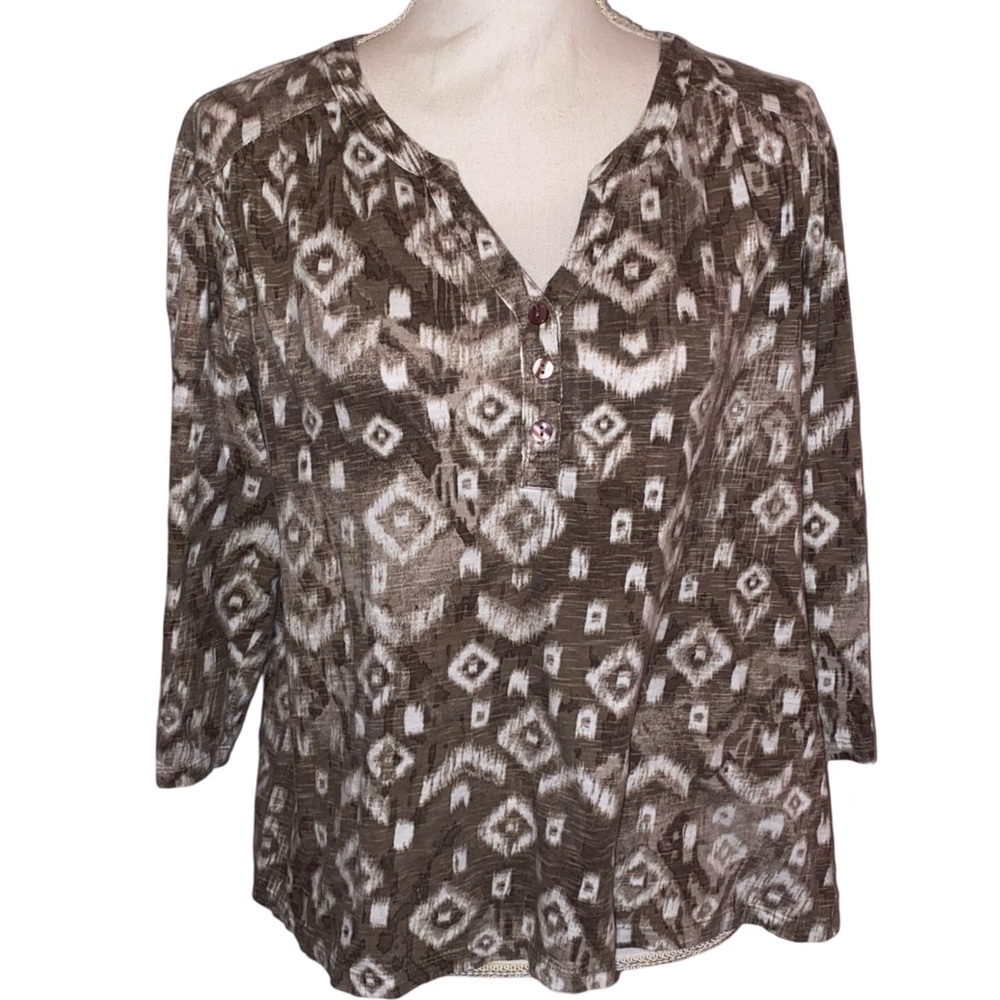 CHICO’S V-Neck Patterned & Cotton Tunic in Gray/Tan 3/4 Sleeves Size 3/LG/14-16